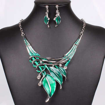 Elegant European Leaves Enamel Inlay Crystal Necklace Earrings Jewelry Set For Women (color.: Green)