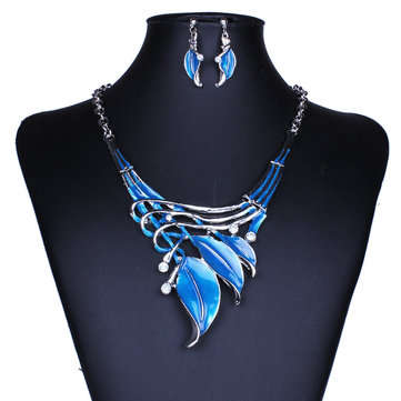 Elegant European Leaves Enamel Inlay Crystal Necklace Earrings Jewelry Set For Women (color.: Blue)