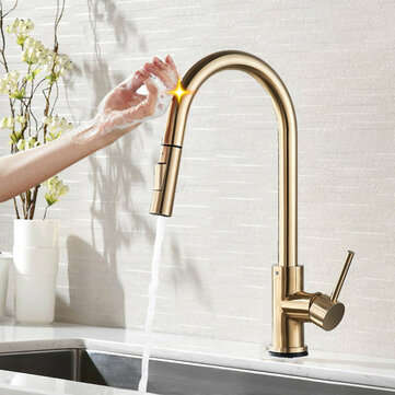 Brushed Gold Stainless Steel Kitchen Sink Faucets Mixer 360  Rotation Smart Touch Sensor Pull Out