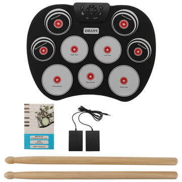 Portable Electronics Drum Set Roll Up Drum Kit 9 Silicone Pads USB Powered with Foot Pedals Drumstic