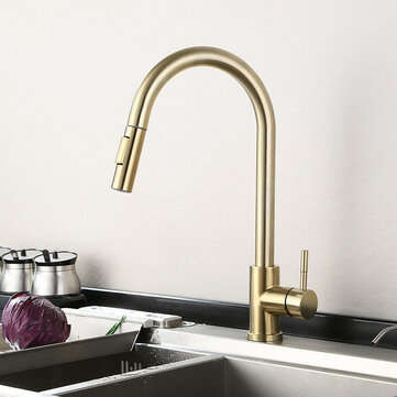 Brushed Gold Kitchen Sink Faucet Pull Out Water Tap Single Handle Mixer Tap 360 Rotate (COLOR: GOLD)