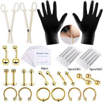 42PCS Professional Body Piercing Tool Kit Ear Nose Navel Nipple Needles Set (COLOR: GOLD)