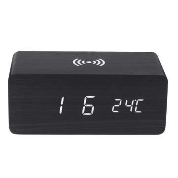 3in1 20W Qi Wireless Charge Clock Voice Control Digital LED Desk Wooden Alarm With Thermometer Xmas