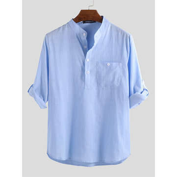 Mens Linen Casual Roll Sleeve Loose Buttons Pullover Henley Shirts (size: M | Color: Blue)