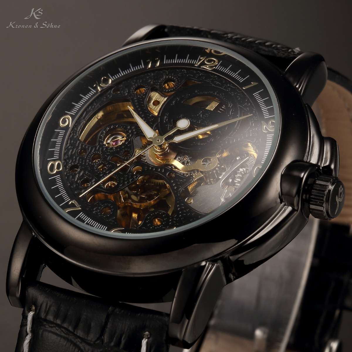 brand new!! KRONEN & SOHNE Automatic Ionized Black SKELETOR Leather Watch