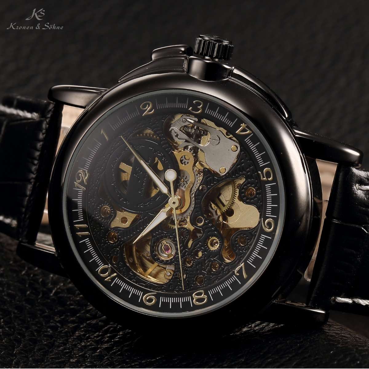 brand new!! KRONEN & SOHNE Automatic Ionized Black SKELETOR Leather Watch