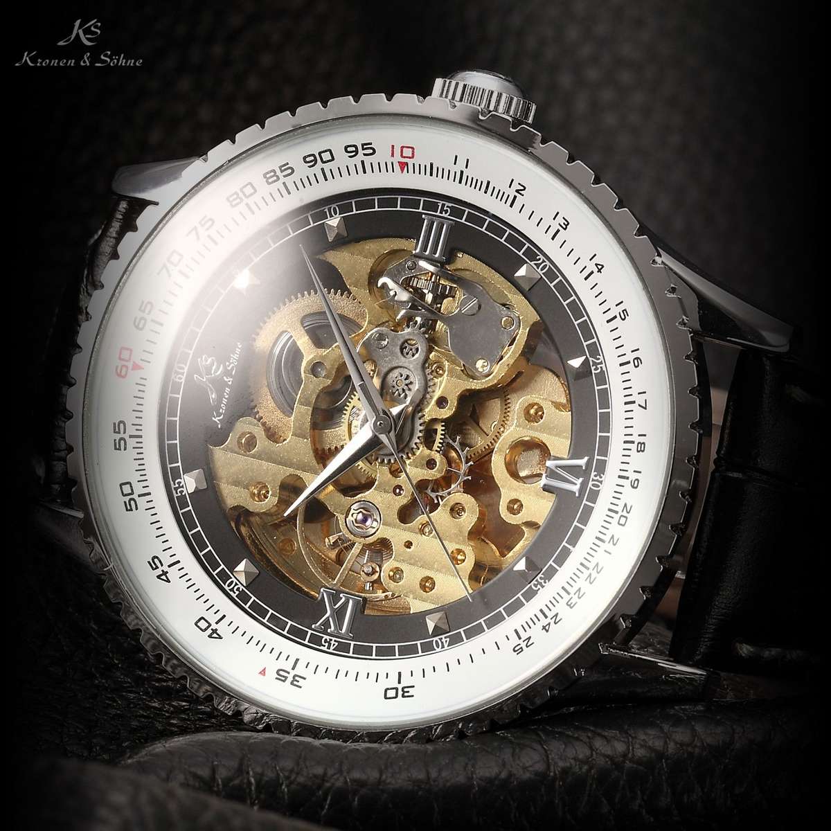 brand new!! KRONEN & SOHNE **Royal Carving** Skeleton Automatic Mechanical Leather Watch