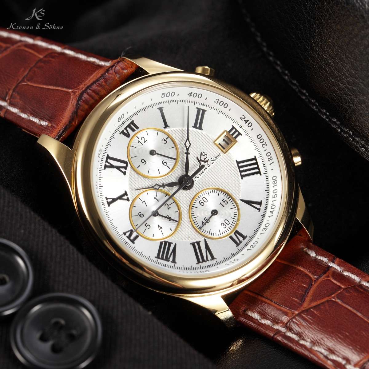 Kronen & Sohne Classic Leather Chronograph Automatic Watch w/ BOX AND PAPERS