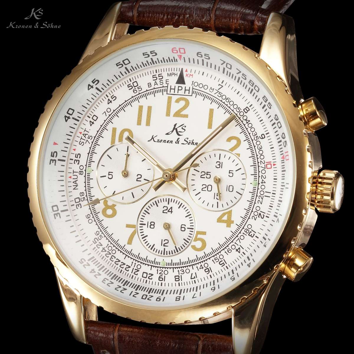 Kronen & Sohne Automatoc Aviator Flight Calculator Leather Chrono w/ box, papers