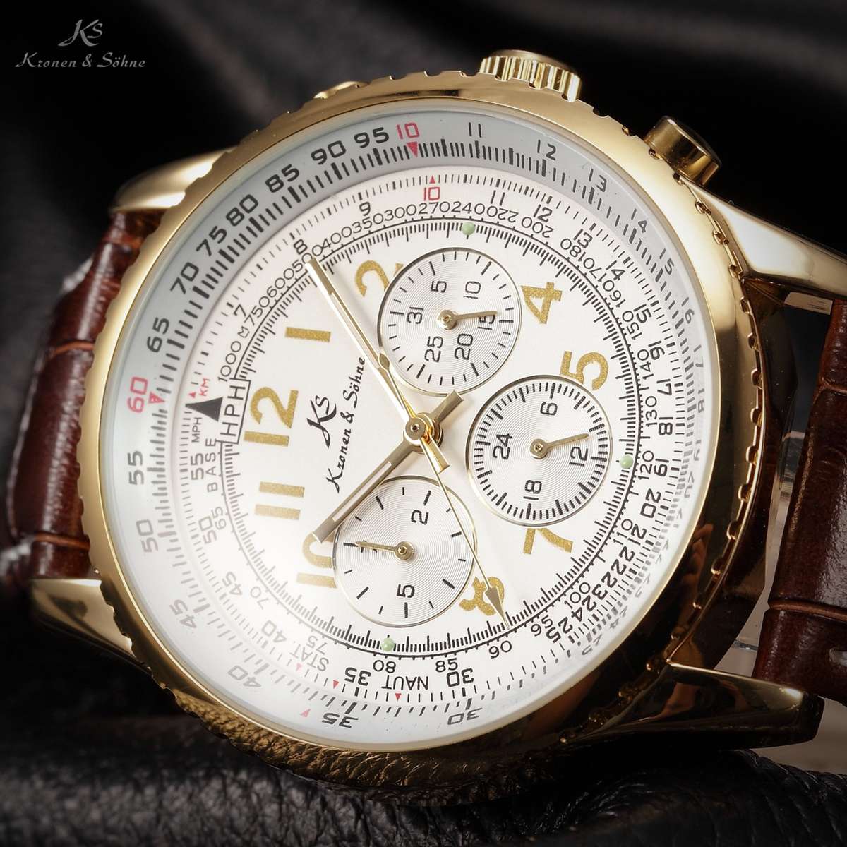 *R1* KRONEN & SOHNE Aviator AUTOMATIC NO BATTERY Flight Calculator Leather Chrono w/ box, papers