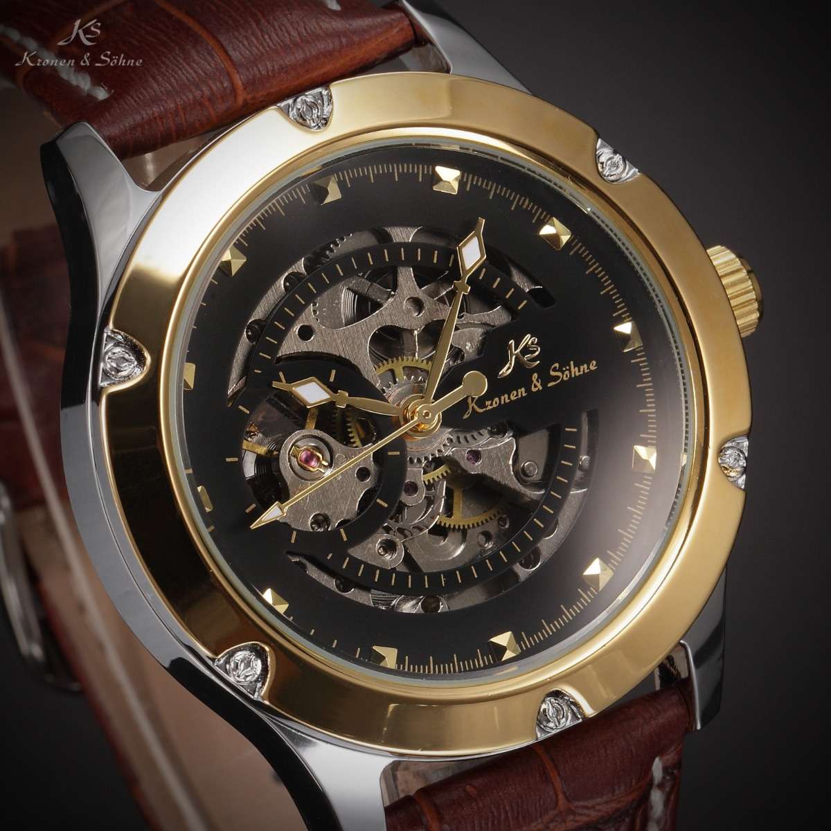 KRONEN & SOHNE Navigator  Skeleton Automatic Brown Leather Watch w/ BOX AND PAPERS