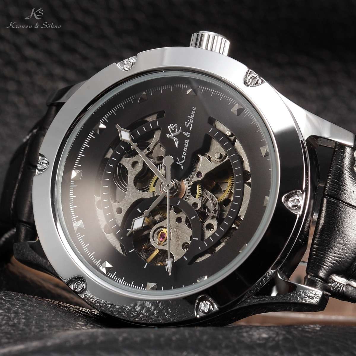 brand new KRONEN & SOHNE Voyager SKELETON AUTOMATIC Black Leather Watch w/ BOX AND PAPERS