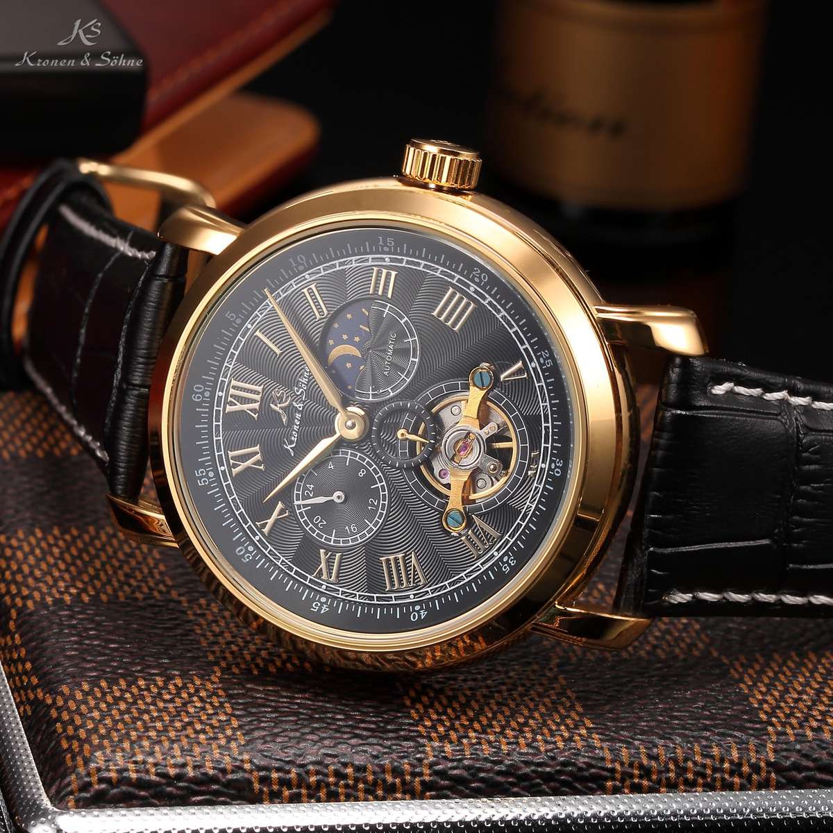 KRONEN & SOHNE Moonphase Skeleton Tourbillon Chrono Watch Brand new w/ BOX, PAPERS