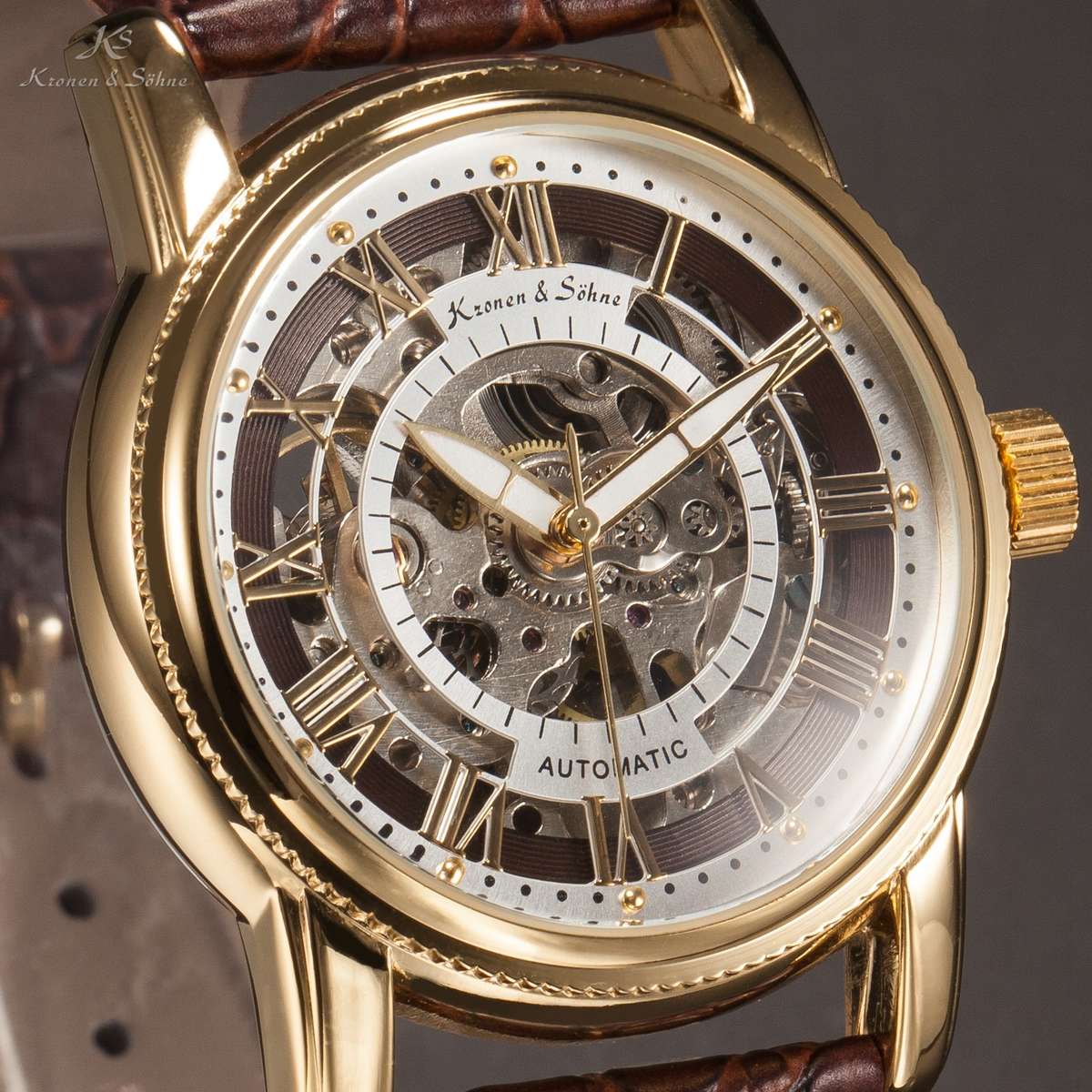 KRONEN & SOHNE Gold Tone **Skeletor** Leather Automatic Watch NEW w/ box, papers