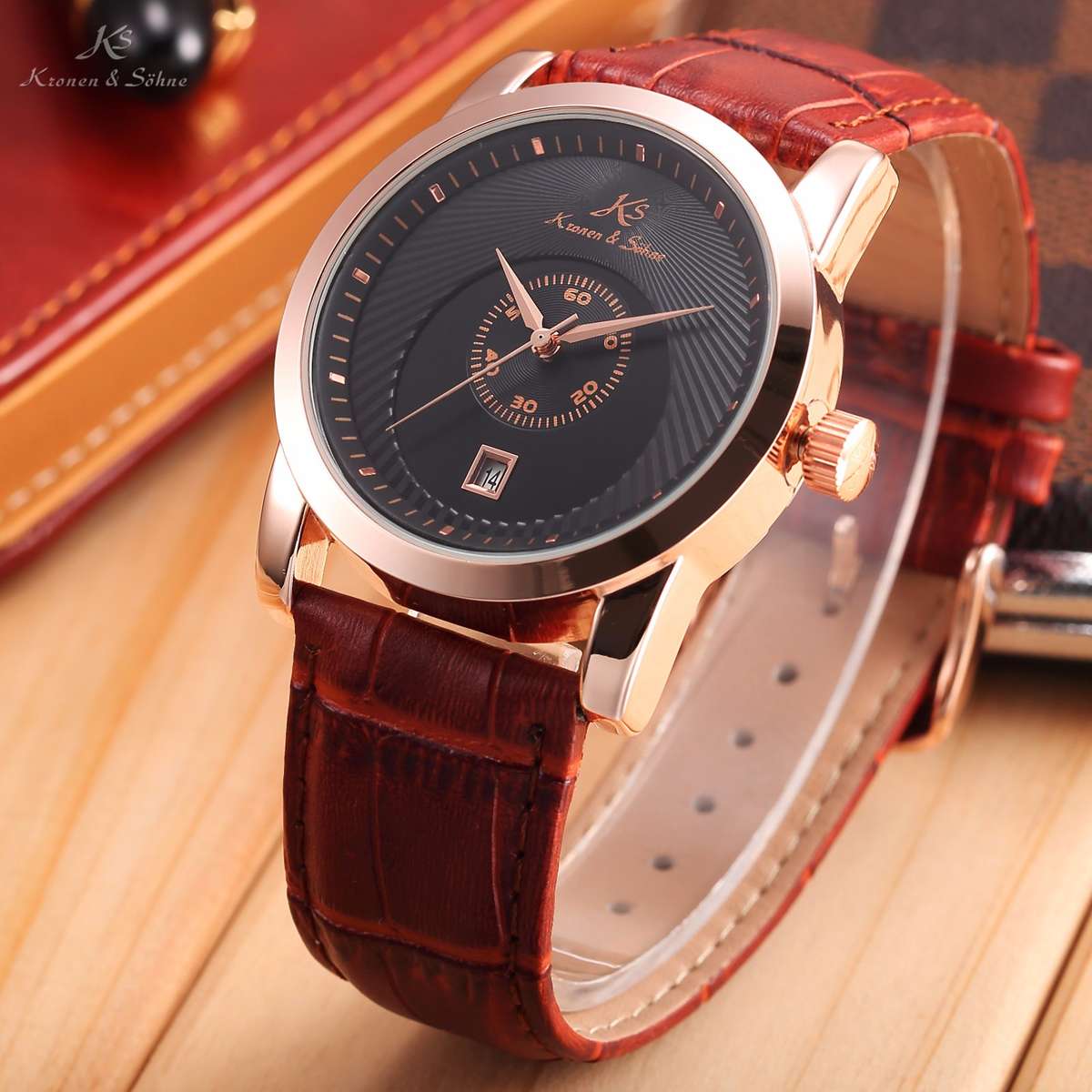 KRONEN & SOHNE JULES VERNE Classic Leather Chronograph AUTOMATICO Watch w/ BOX AND PAPERS