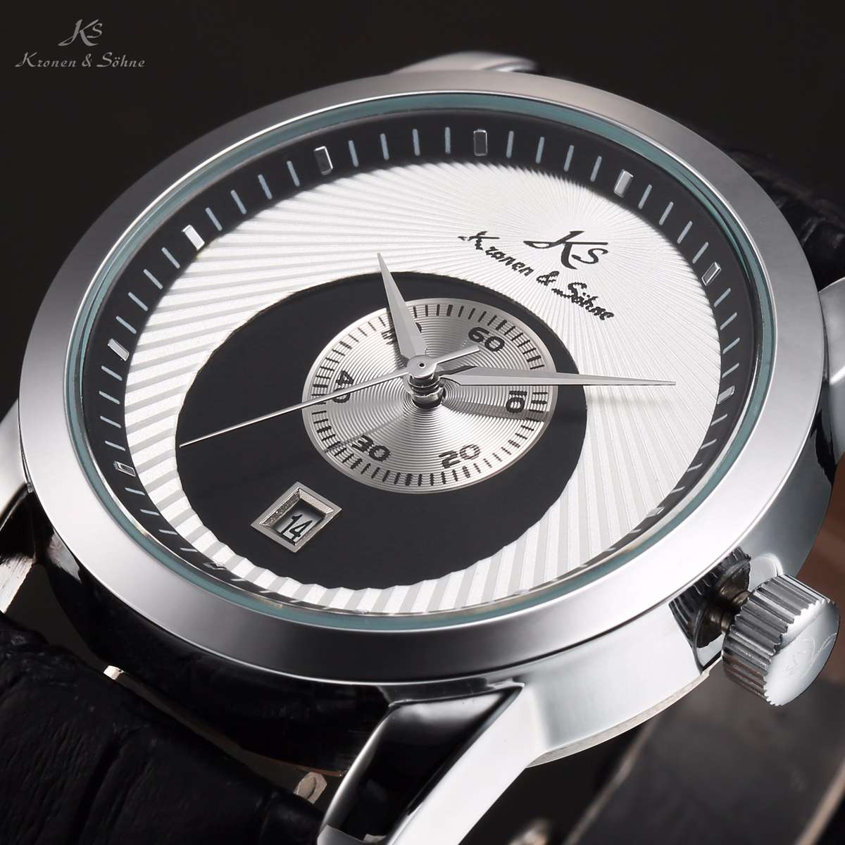 KRONEN & SOHNE Automatic Black/Silver 3H Leather Watch w/ BOX AND PAPERS