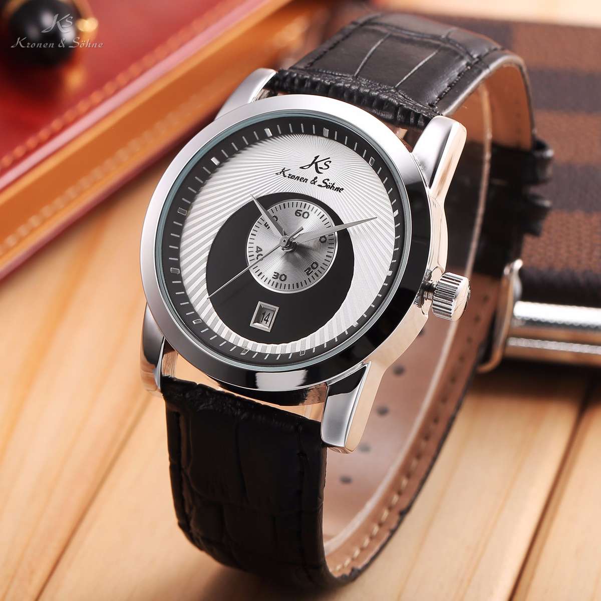 KRONEN & SOHNE Automatic Black/Silver 3H Leather Watch w/ BOX AND PAPERS