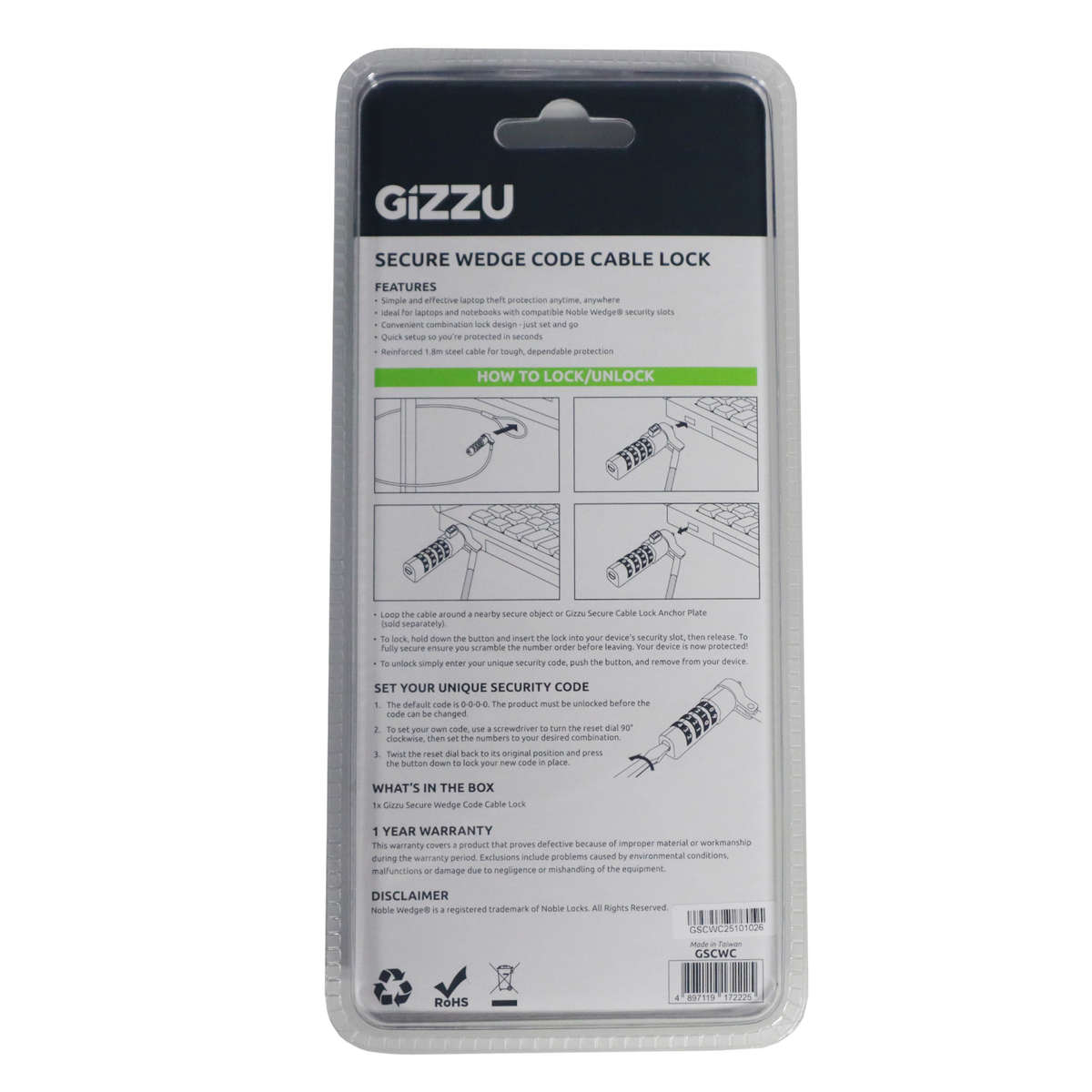 Gizzu Secure Wedge Code Cable Lock 1.8m