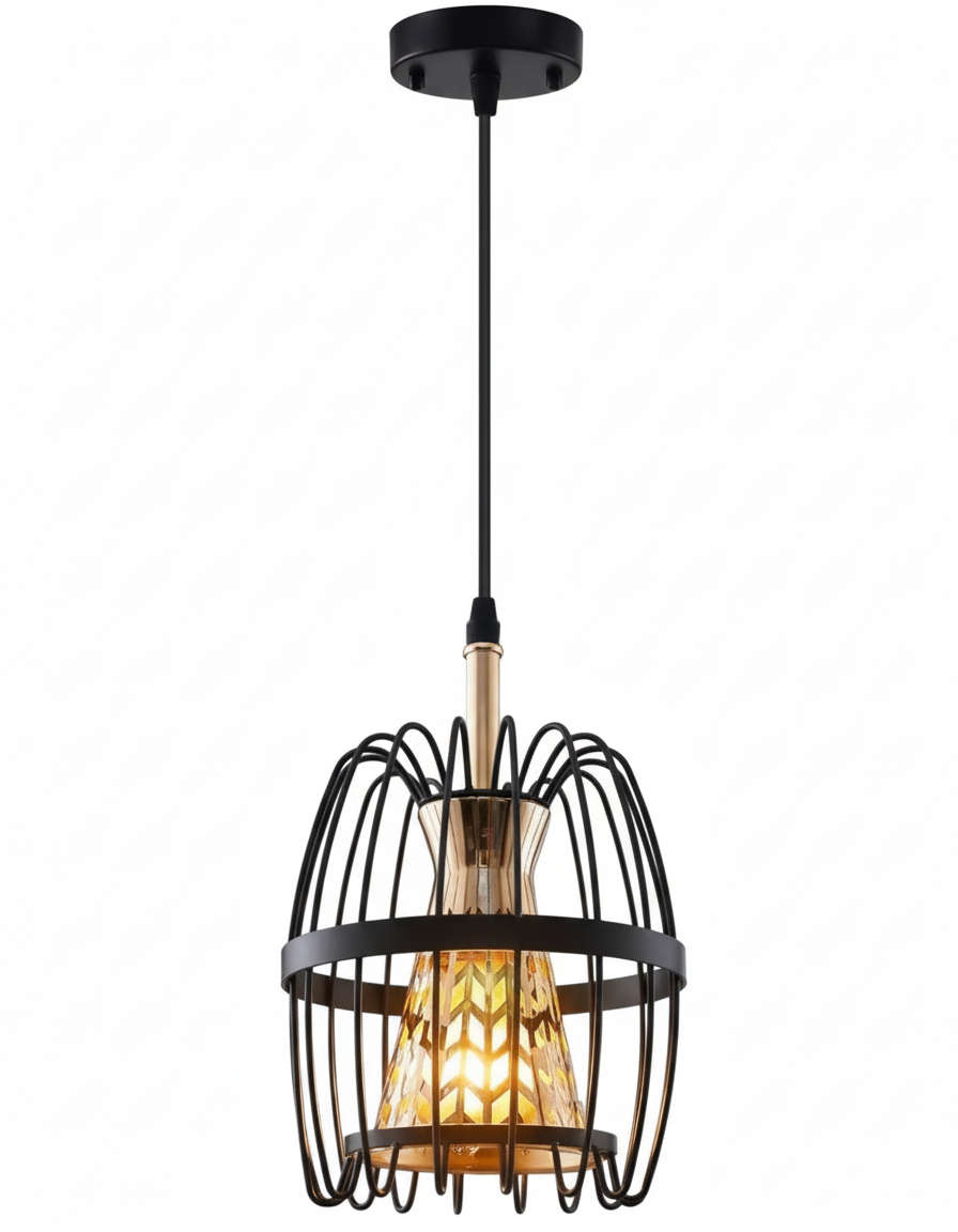 Black Oval Cage Pendant with Amber Glass