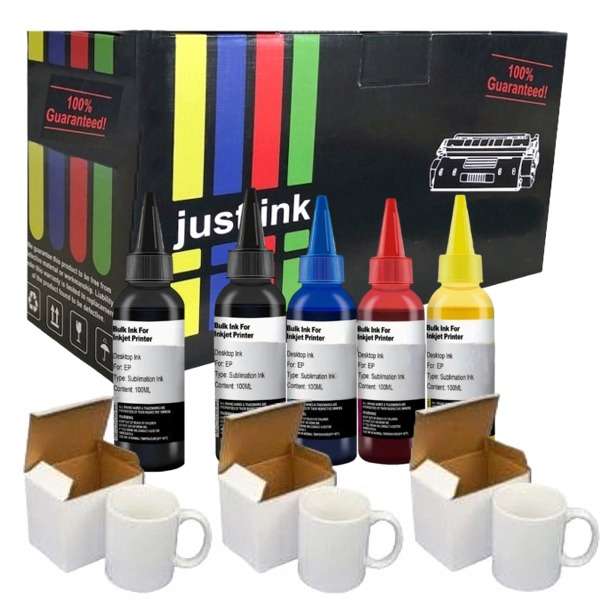 Compatible Epson Sublimation Dye Ink Set + Extra Black & 3 x Mugs/Boxes