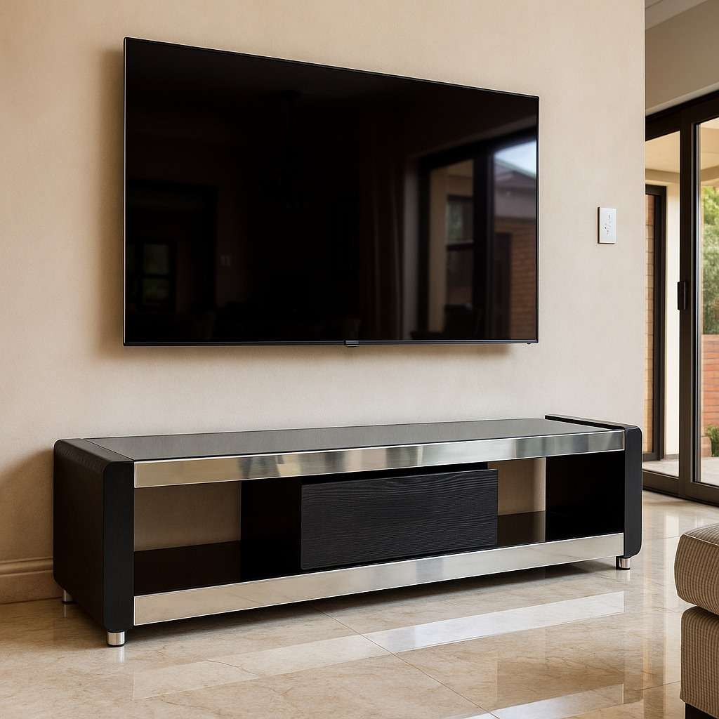KC FURN - 180cm Black Glasstop TV Stand with 1 Drawer