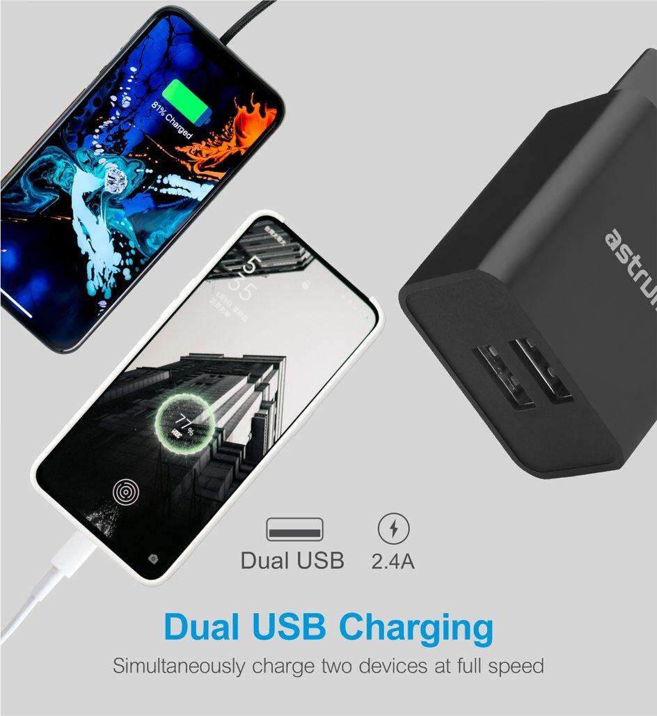 Astrum 5V 2.4A Dual USB Fast Wall Charger + USB-C Cable - Pro Dual U24 - Black