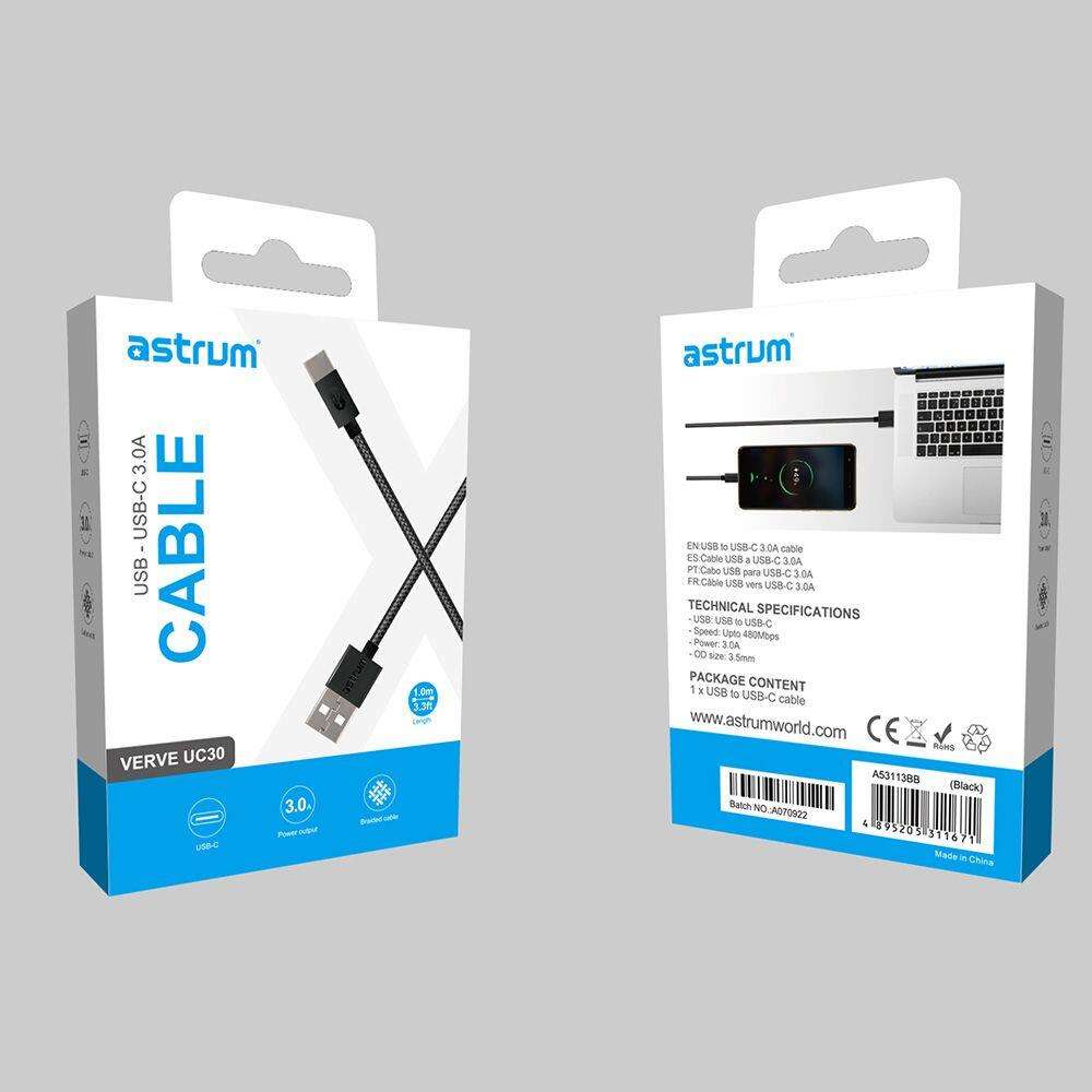 Astrum 3A USB-A to USB-C Charge & Sync Braided Cable - Verve UC30 - (White)