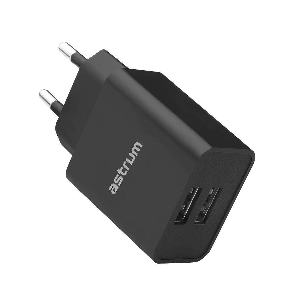 Astrum 5V 2.4A Dual USB Fast Wall Charger + USB-C Cable - Pro Dual U24 - Black