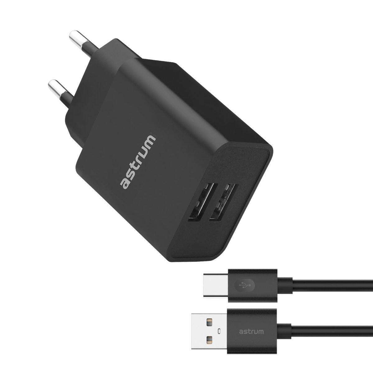 Astrum 5V 2.4A Dual USB Fast Wall Charger + USB-C Cable - Pro Dual U24 - Black