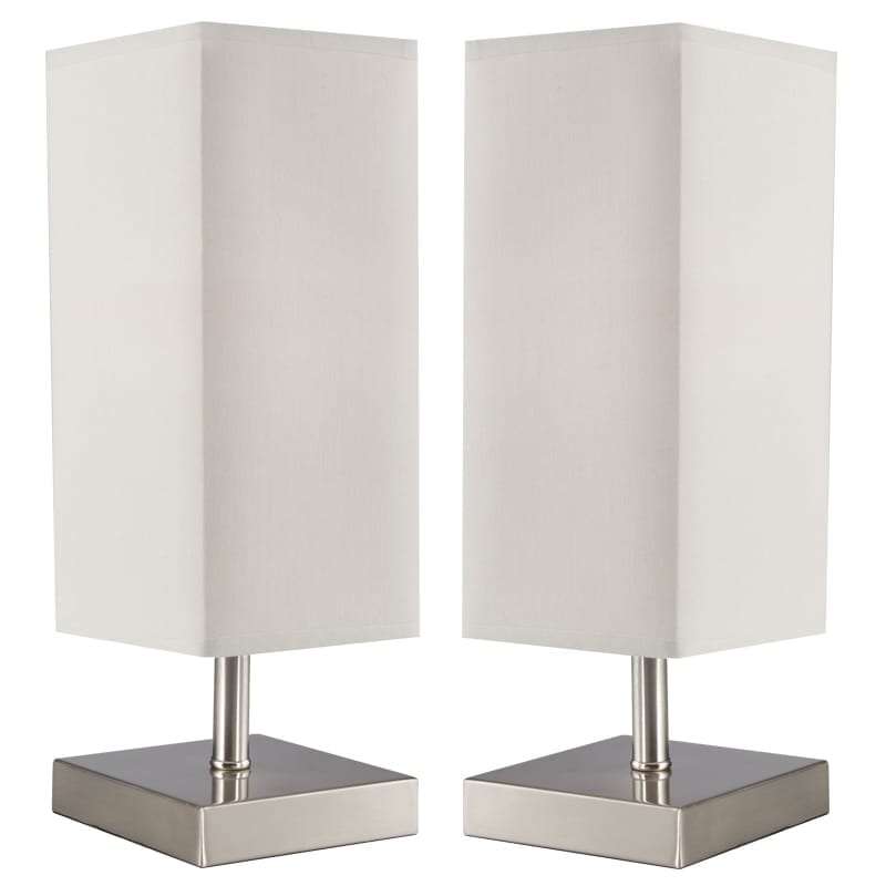 Twin Set of Satin Chrome Table Lamps with Beige Shades | TL196