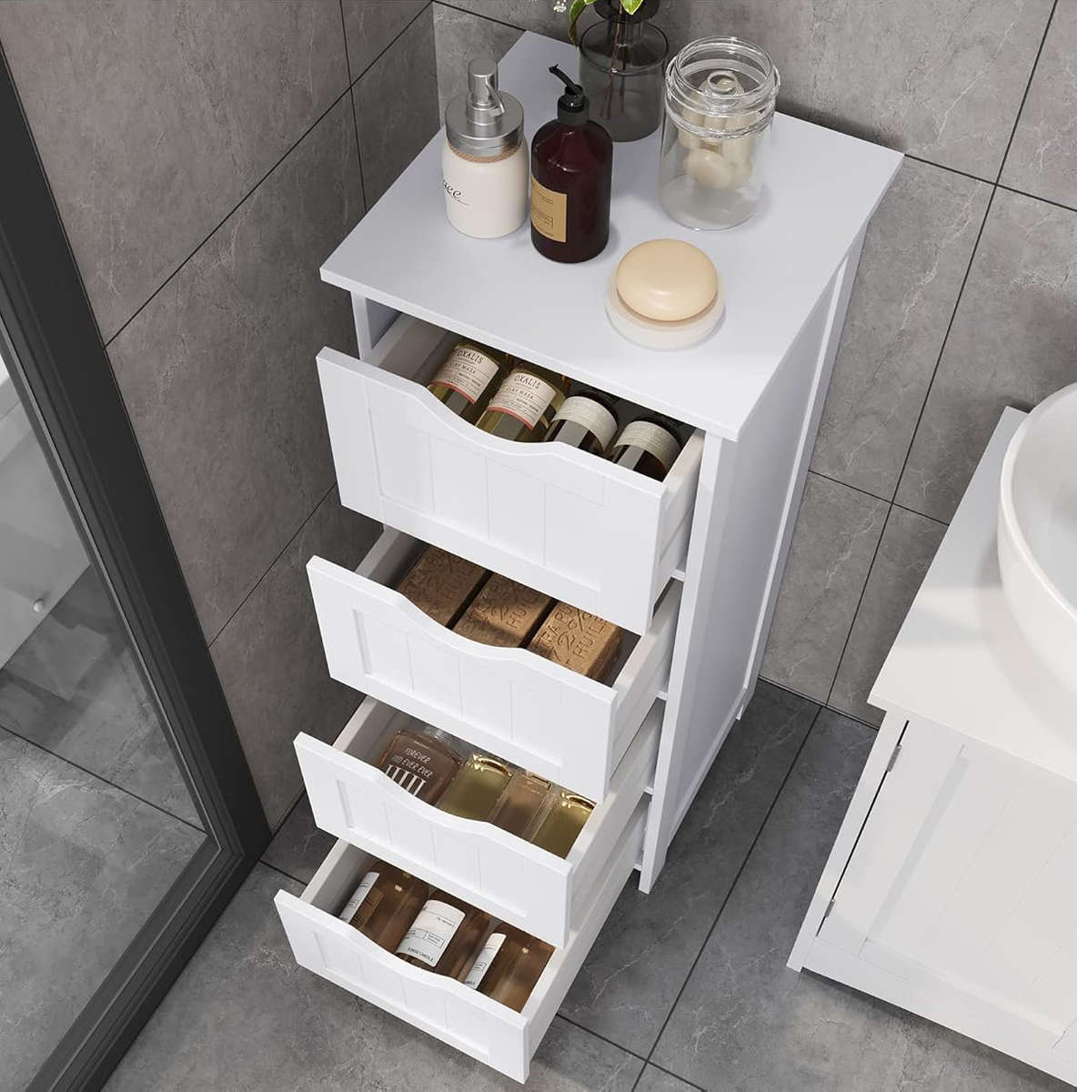 White storage cabinet 4 drawers - compact home organiser - 82x26cm