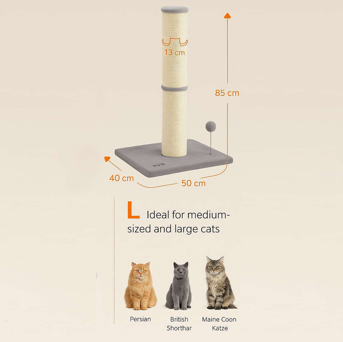 Cat scratching post tower with sisal, plush ball & bell
