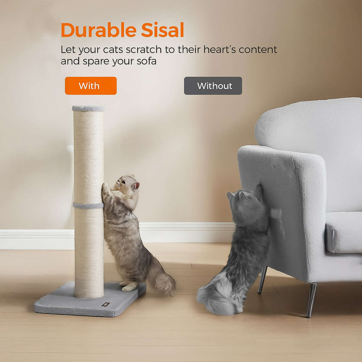 Cat scratching post tower with sisal, plush ball & bell