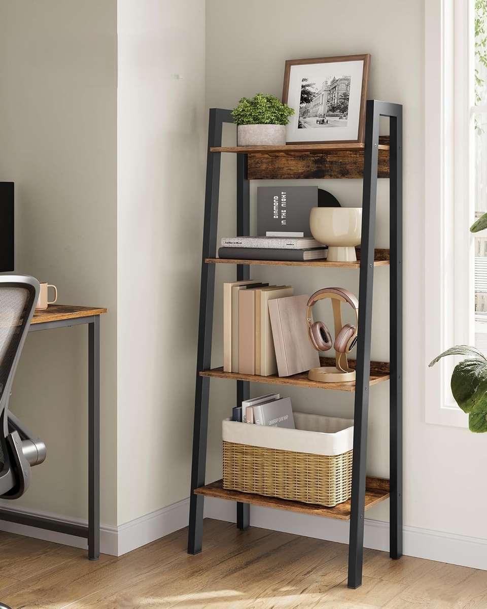 4-tier narrow ladder bookshelf - rustic brown & black living room