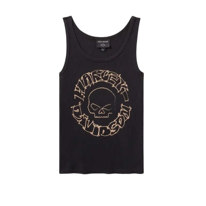 Women's Willie G Circle Skull Sketch Art Ribbed Tank - L L