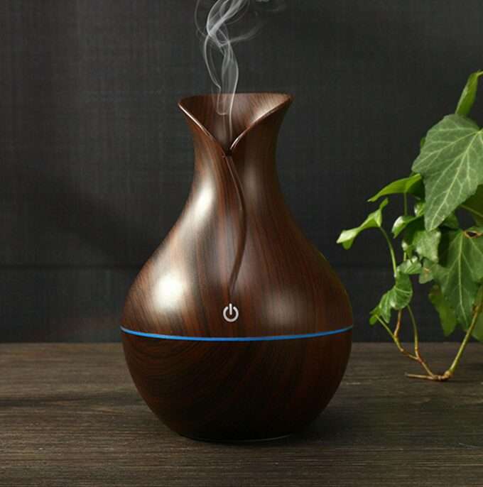 Mini LED Humidifier in dark or light wood colour with USB power cable