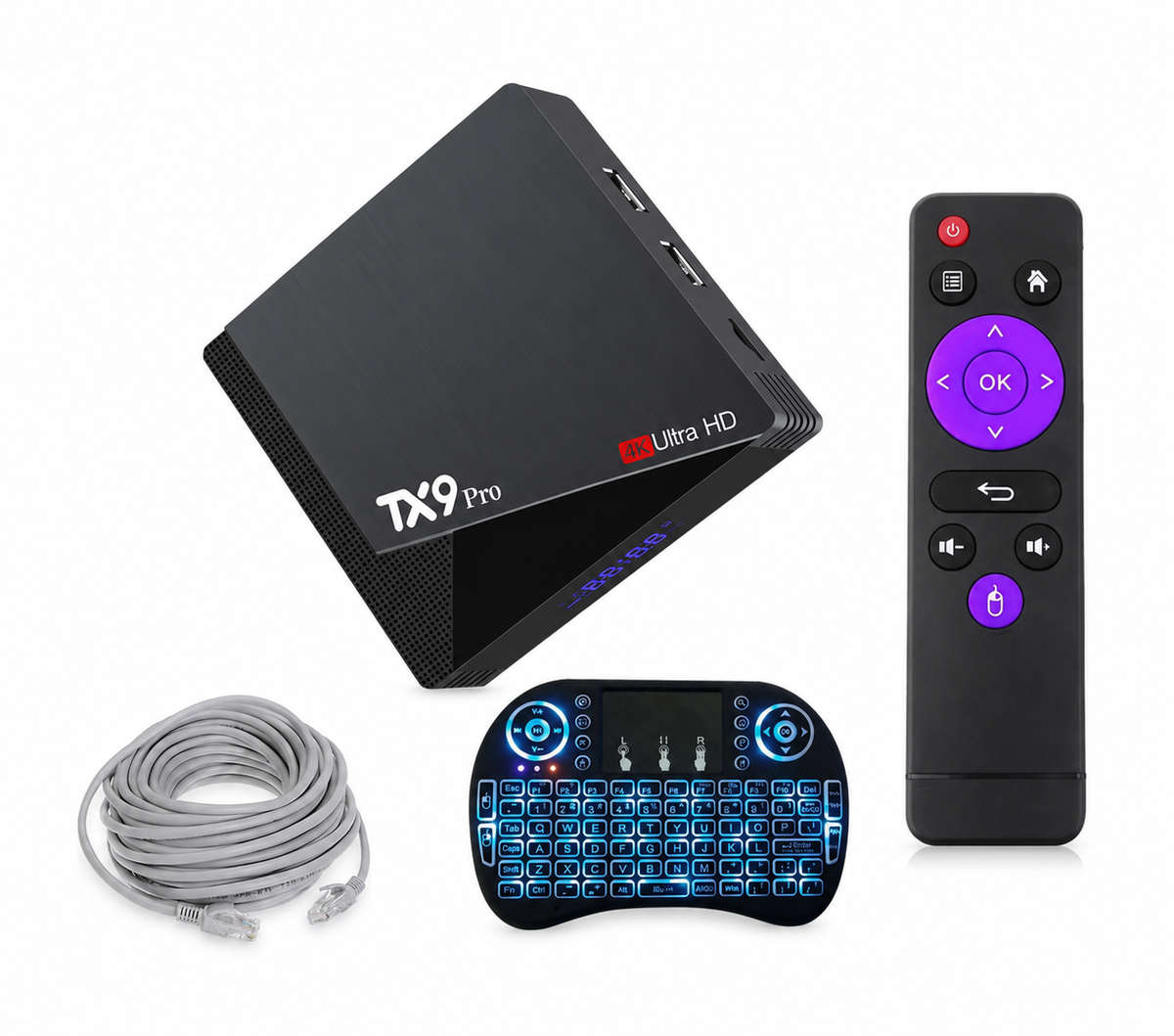 TX9 Pro 6K UHD Android 14.0 Media TV Box+Mini Keyboard+10m Cat5e Ethernet Cable- Combo