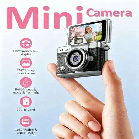 Mini Digital Camera, 48MP 1080P Flip Screen, Dual Colours with 32GB Card