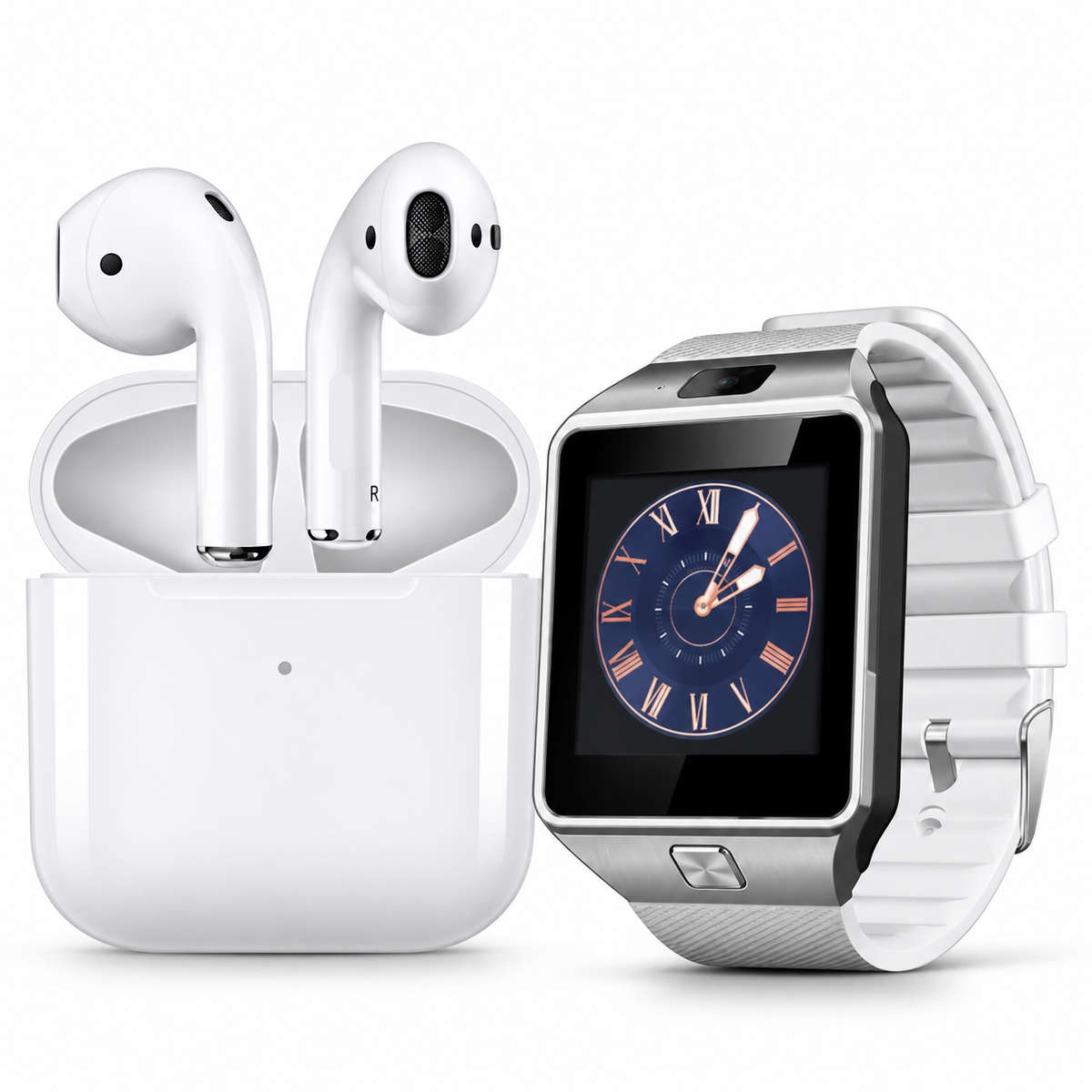 Smart Watch DZ09 - Silver & TWS i11 Wireless Bluetooth Earbuds - White