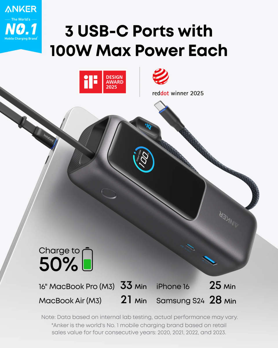Anker Power Bank 165W USB-C (25,000mAh, Space Black)