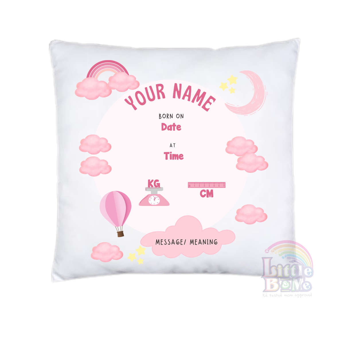 Personalized Birth Announcement Cushion - Pink Sky