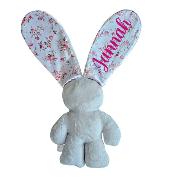 Personalized Grey and Rose Floral Satin Snuggle Bunny