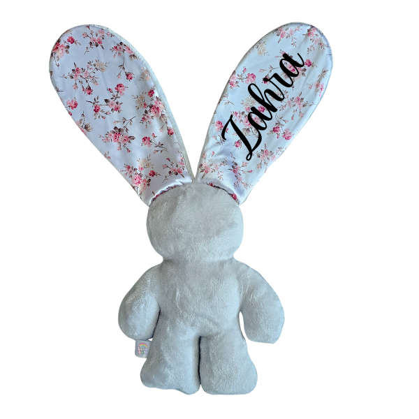 Personalized Grey and Rose Floral Satin Snuggle Bunny