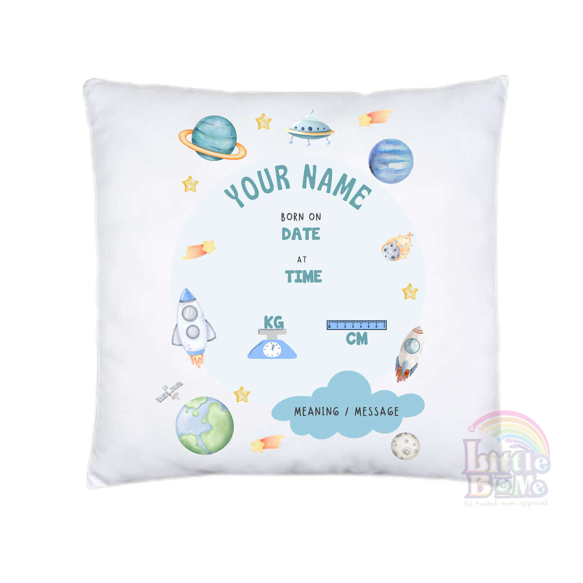 Personalized Birth Announcement Cushion Space Blue
