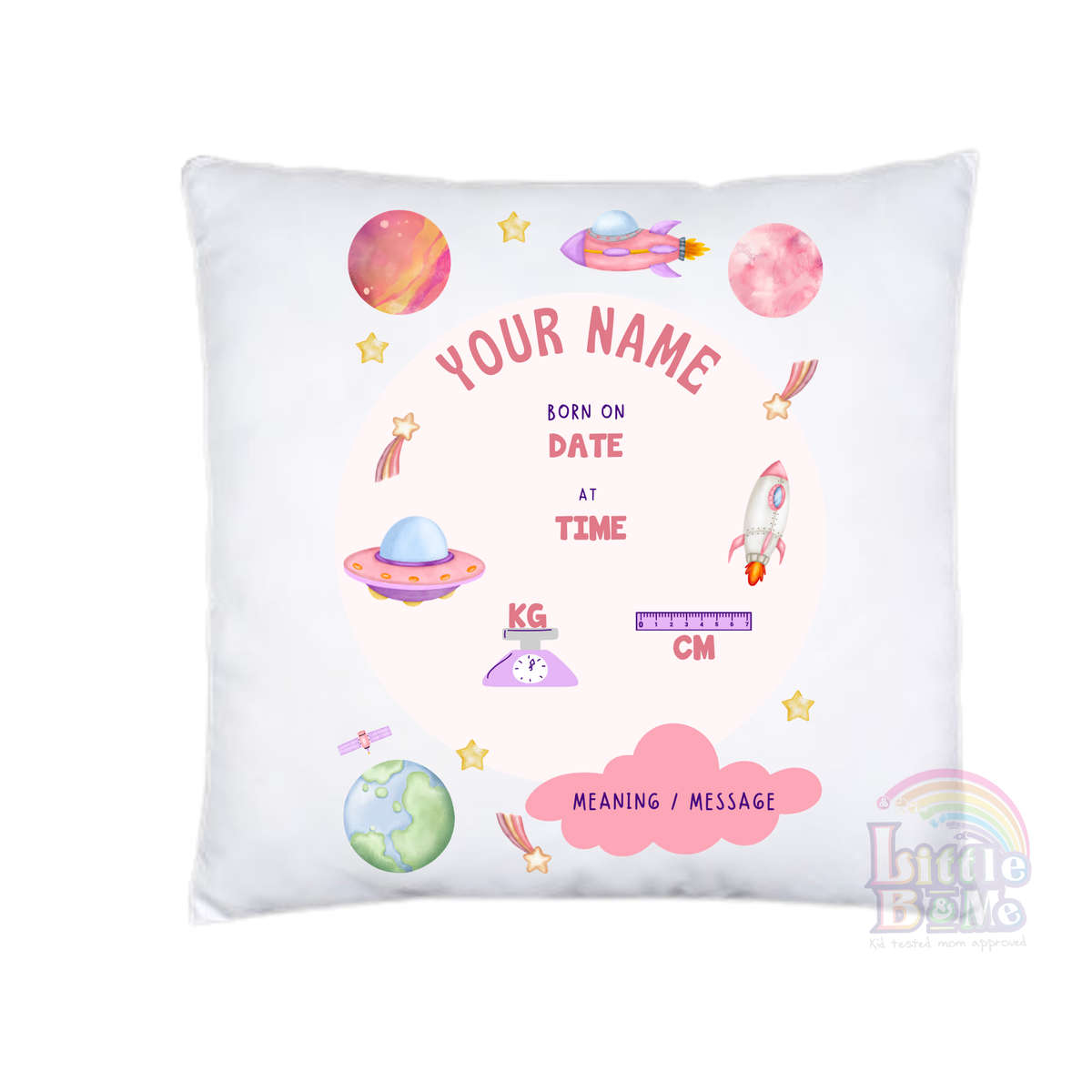 Personalized Birth Announcement Cushion Space Pink