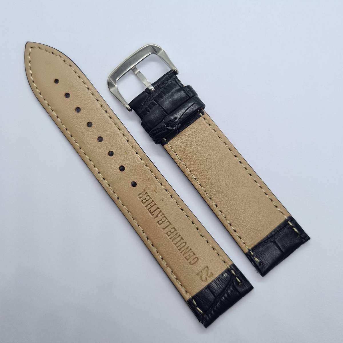 22mm Leather Watch Strap Black (Black Stitches)