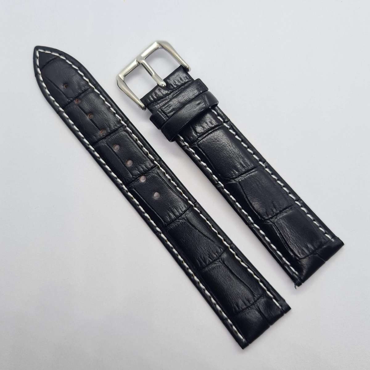 24mm Leather Watch Strap Black (White Stitches)