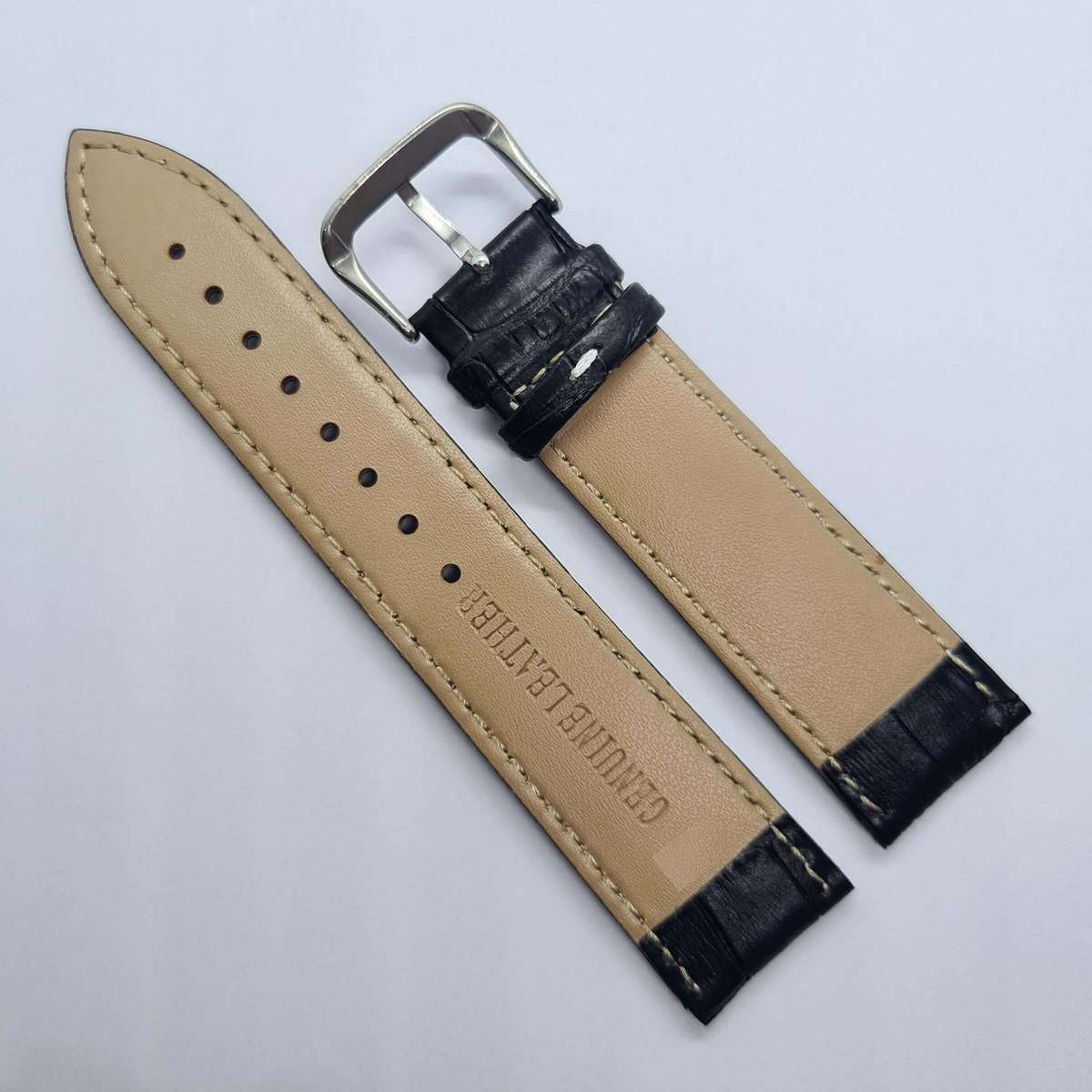 24mm Leather Watch Strap Black (White Stitches)