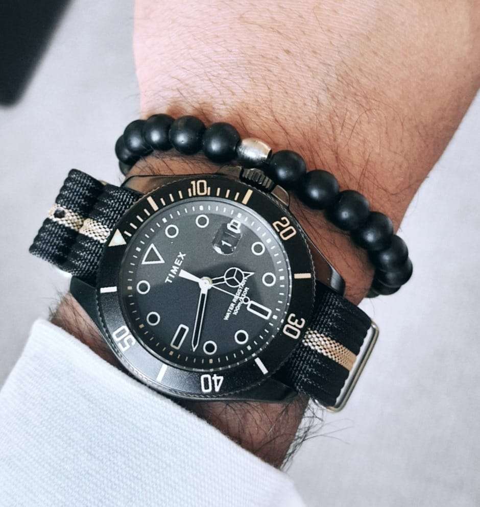 18mm Ribbed Nato Watch Strap Black/Beige