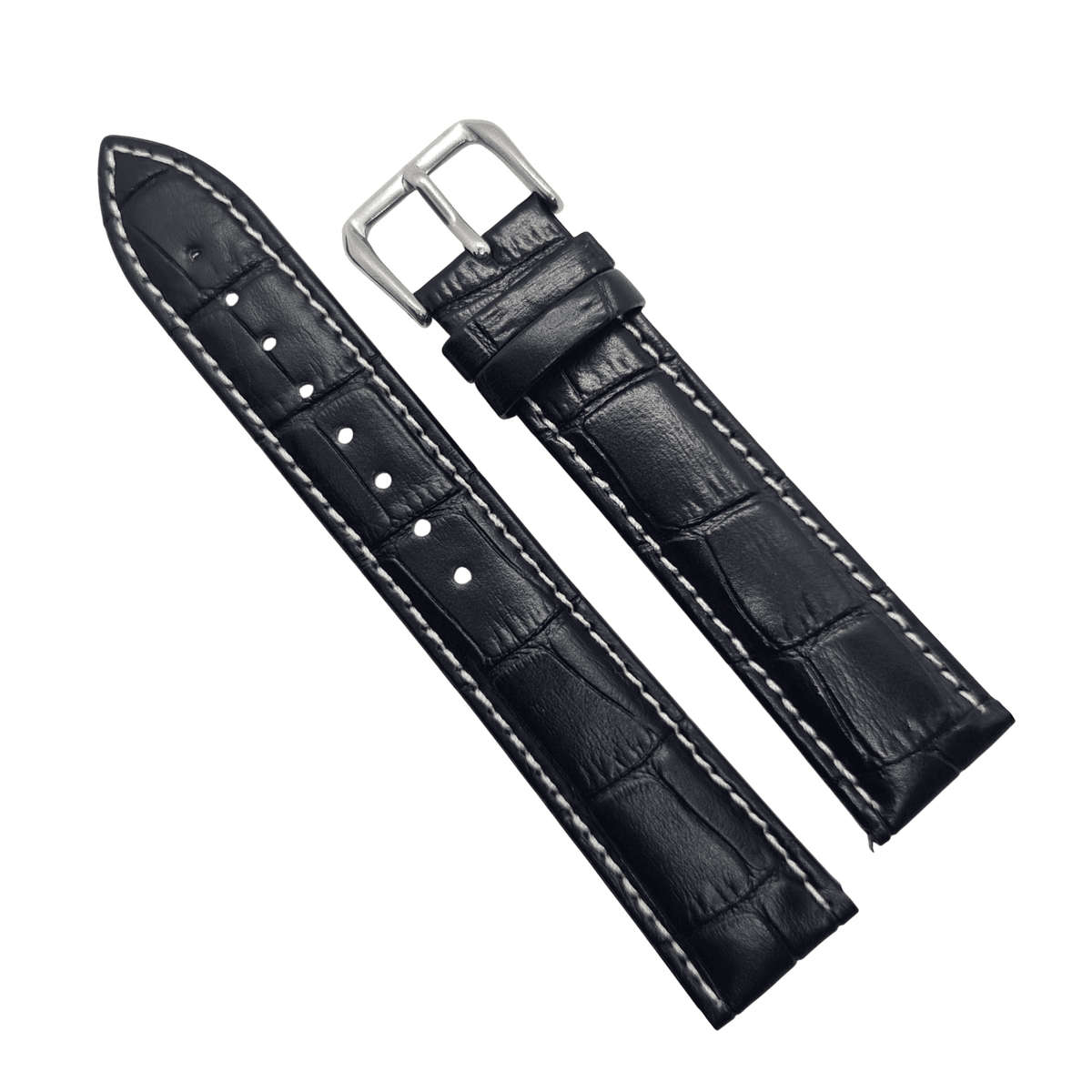18mm Crocodile Pattern PU Leather Strap Black (White Stitches)